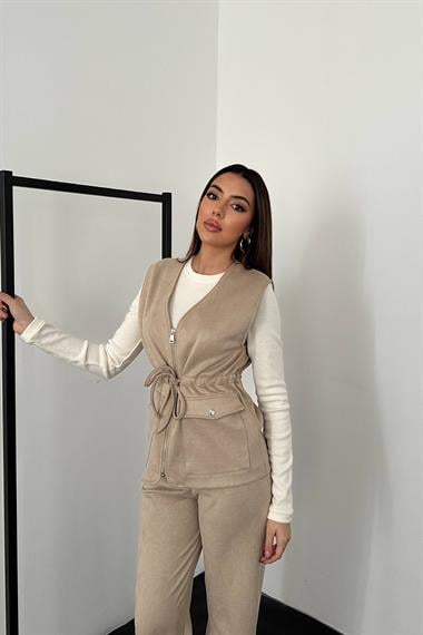 Toptan Bej Süet Yelek Pantolon Takım