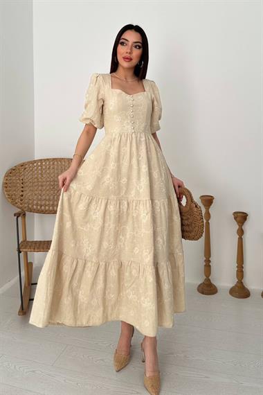 Toptan Bej Süs Düğmeli Balon Kollu Elbise