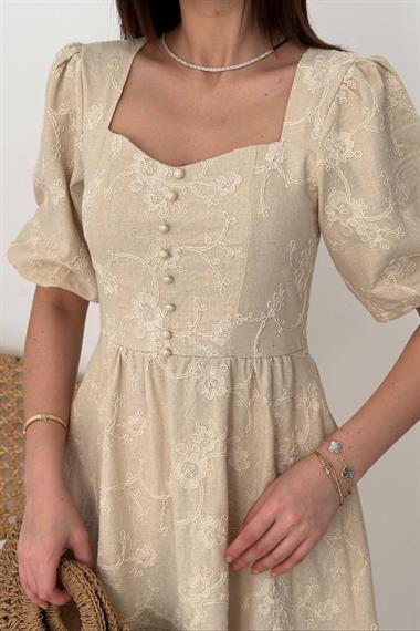 Toptan Bej Süs Düğmeli Balon Kollu Elbise