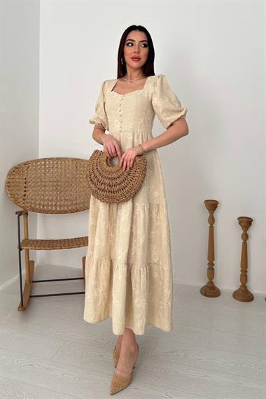 Toptan Bej Süs Düğmeli Balon Kollu Elbise