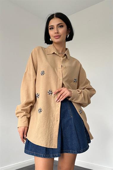 Wholesale Beige Stone Embroidered Shirt