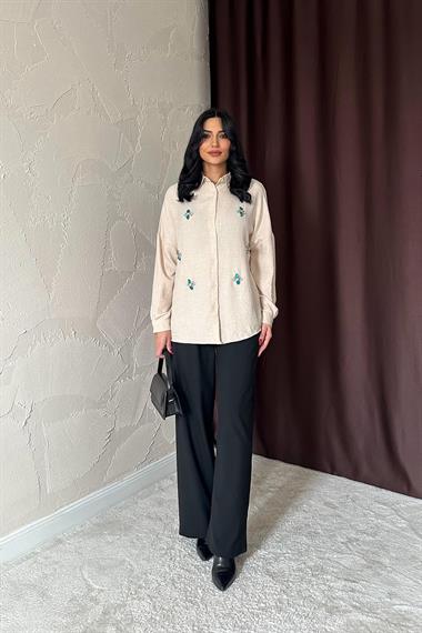 Wholesale Beige Stone Embroidered Shirt