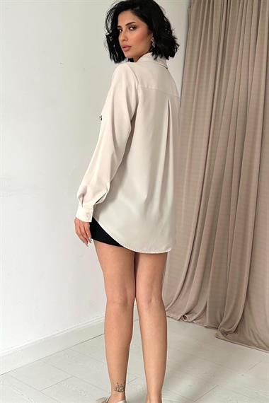 Wholesale Beige Stone Embroidered Satin Shirt