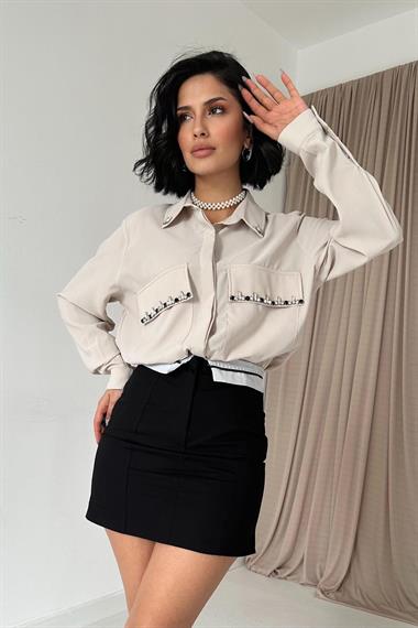 Wholesale Beige Stone Embroidered Satin Shirt