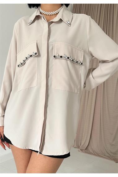 Wholesale Beige Stone Embroidered Satin Shirt