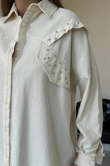 Оптовая продажа бежевой вышитой рубашки с рисунком камня