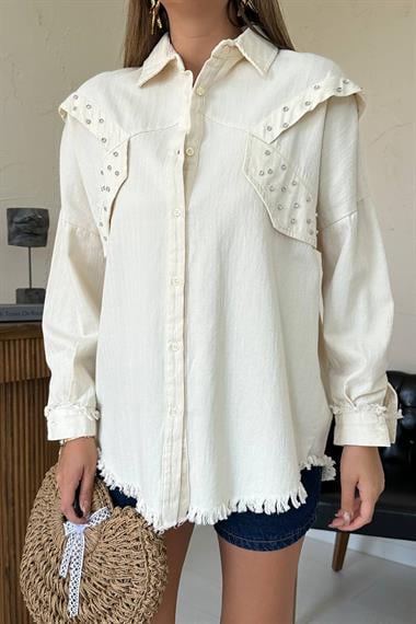 Оптовая продажа бежевой вышитой рубашки с рисунком камня