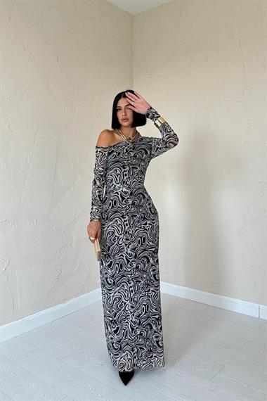 Toptan Bej Tek Omuz Tül Elbise