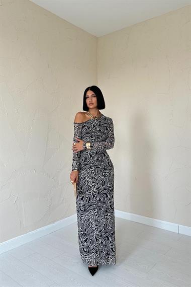 Toptan Bej Tek Omuz Tül Elbise