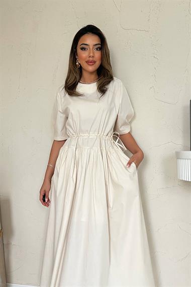 Toptan Bej Tünel Detay Poplin Elbise