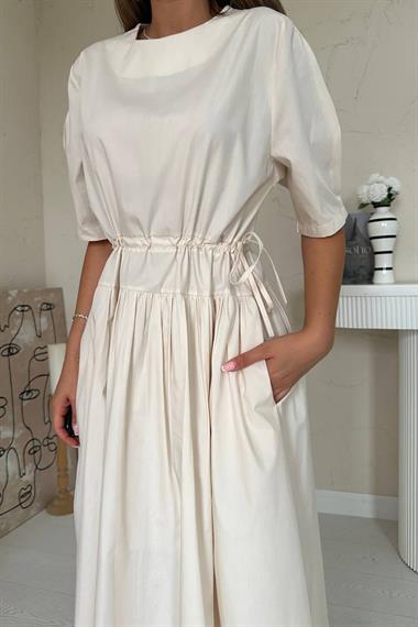 Toptan Bej Tünel Detay Poplin Elbise