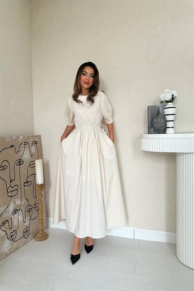 Toptan Bej Tünel Detay Poplin Elbise