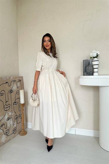 Toptan Bej Tünel Detay Poplin Elbise