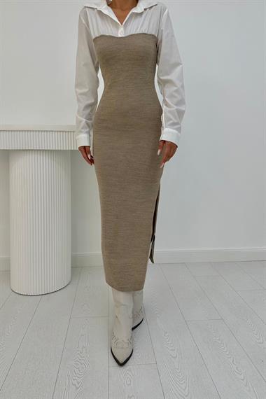 Toptan Bej Üstü Gömlek Yırtmaç Elbise