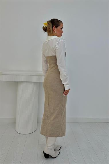 Toptan Bej Üstü Gömlek Yırtmaç Elbise