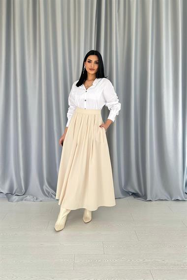 Toptan Bej Uzun Pileli Etek