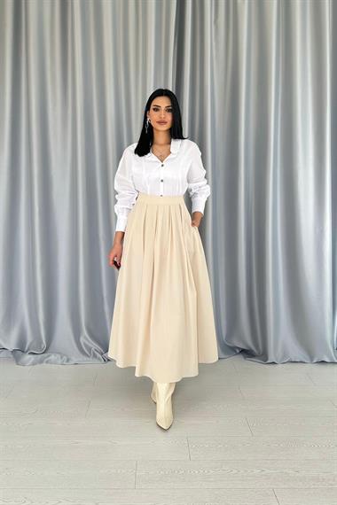 Toptan Bej Uzun Pileli Etek