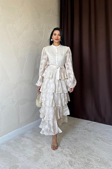 Toptan Bej Uzun Volanlı Elbise