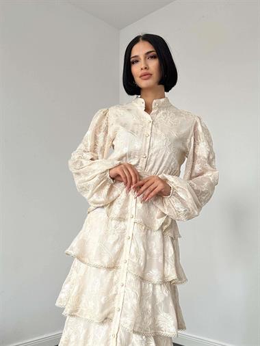 Toptan Bej Uzun Volanlı Elbise