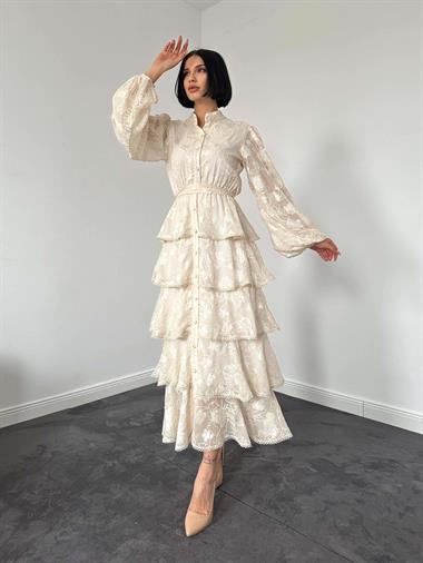 Toptan Bej Uzun Volanlı Elbise