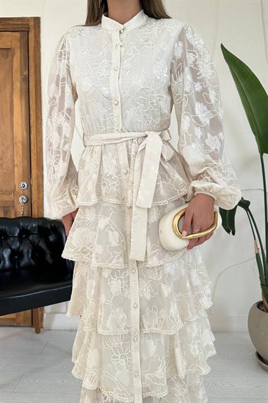 Toptan Bej Valonlu Şeritli Kat Kat Elbise