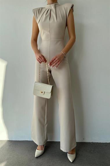 Toptan Bej Vatkalı Dik Yaka Tulum