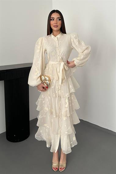 Toptan Bej Volanlı Kat Kat Elbise