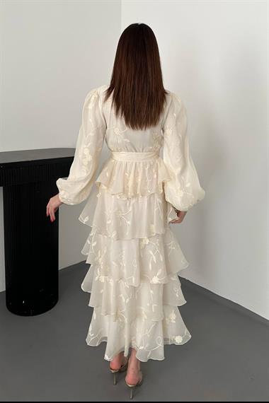 Toptan Bej Volanlı Kat Kat Elbise