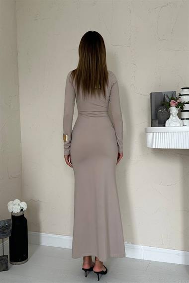 Toptan Bej Vücudu Saran Uzun Elbise