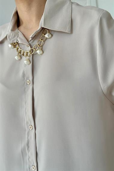Wholesale Beige Collar Pearl Detail Shirt