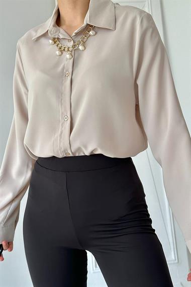 Wholesale Beige Collar Pearl Detail Shirt