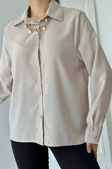 Wholesale Beige Collar Pearl Detail Shirt
