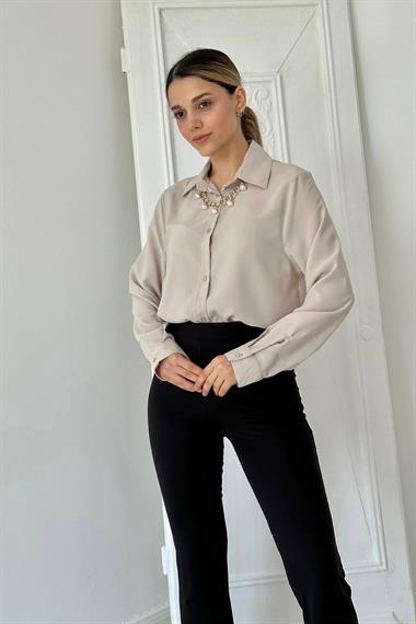 Wholesale Beige Collar Pearl Detail Shirt