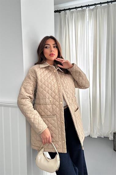 Toptan Bej Yakası Süet Kapitone Ceket
