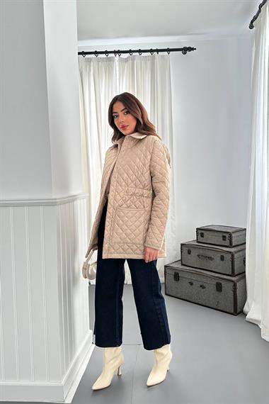 Toptan Bej Yakası Süet Kapitone Ceket