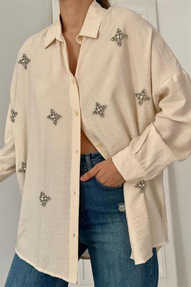 Toptan Bej Yıldız Desen Taşlı Gömlek