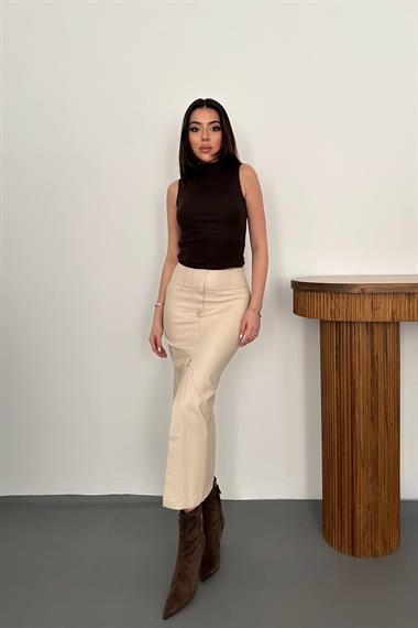 Toptan Bej Yırtmaçlı Süs Patlı Etek