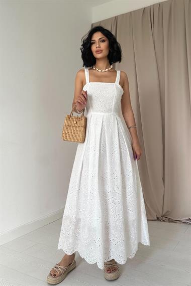 Toptan Beyaz Askılı Aparatlı Brode Elbise