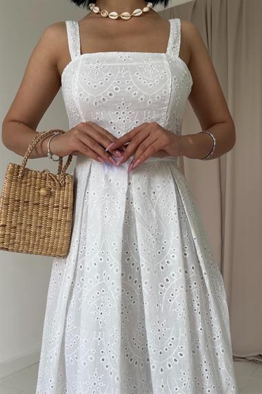 Toptan Beyaz Askılı Aparatlı Brode Elbise