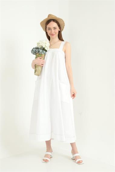 Toptan Beyaz Askılı Cepli Elbise