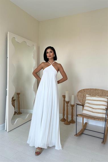 Toptan Beyaz Askılı Pileli Elbise