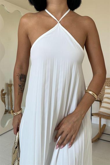Toptan Beyaz Askılı Pileli Elbise