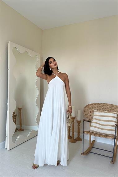 Toptan Beyaz Askılı Pileli Elbise