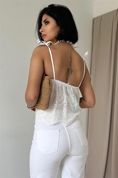 Toptan Beyaz Bağcıklı Brode Bluz