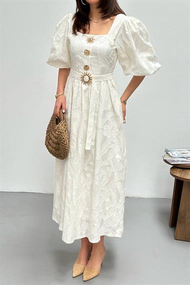 Toptan Beyaz Balon Kol Üç Düğmeli Kemer Detaylı Elbise