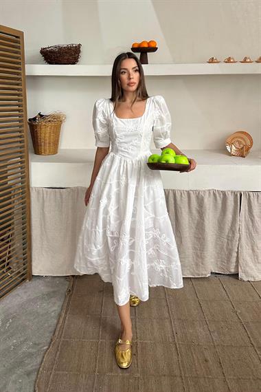 Toptan Beyaz Balon Kollu Brode Elbise