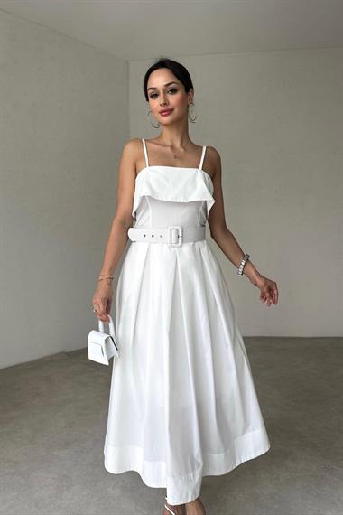 Toptan Beyaz Beli Kemerli Pileli Elbise