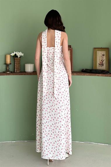 Toptan Beyaz Boyundan Fularlı Elbise