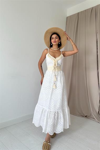 Toptan Beyaz Brode Askılı ve Püsküllü Elbise