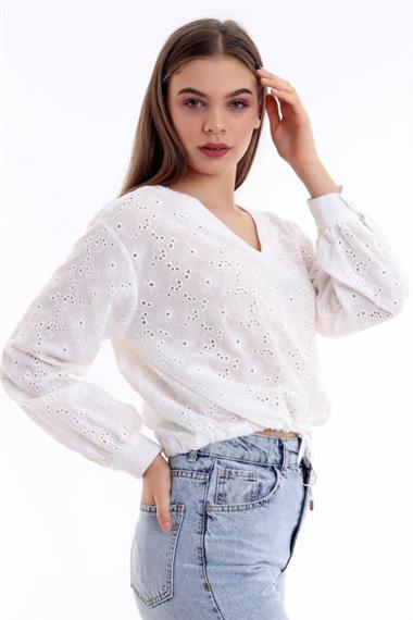 Wholesale White Embroidered Waist Tie Blouse